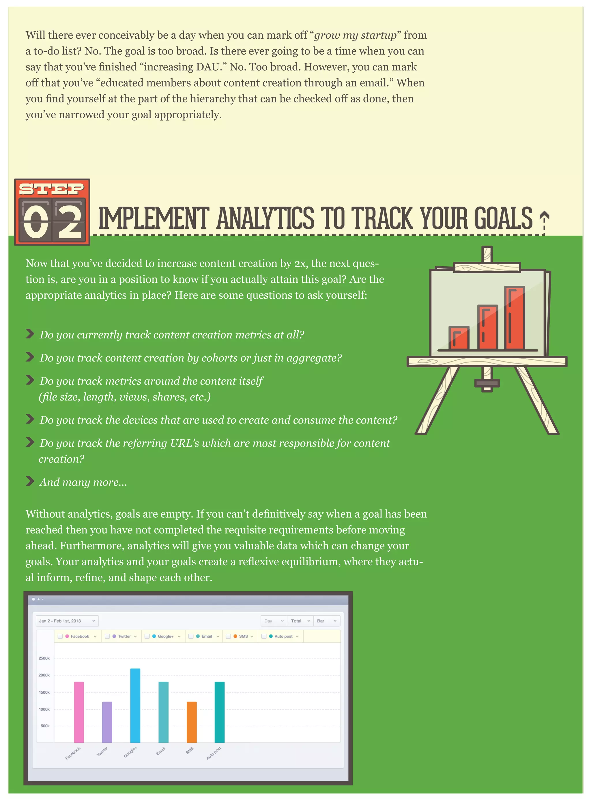 IMPLEMENT ANALYTICS TO TRACK YOUR GOALS
grow my startup” from
a to-do list? No. The goal is too broad. Is there ever going to be a time when you can
you’ve narrowed your goal appropriately.
Now that you’ve decided to increase content creation by 2x, the next ques-
tion is, are you in a position to know if you actually attain this goal? Are the
appropriate analytics in place? Here are some questions to ask yourself:
02
STEPSTEP
Do you currently track content creation metrics at all?
Do you track content creation by cohorts or just in aggregate?
Do you track metrics around the content itself
Do you track the devices that are used to create and consume the content?
Do you track the referring URL’s which are most responsible for content
creation?
And many more...
reached then you have not completed the requisite requirements before moving
ahead. Furthermore, analytics will give you valuable data which can change your
-
 