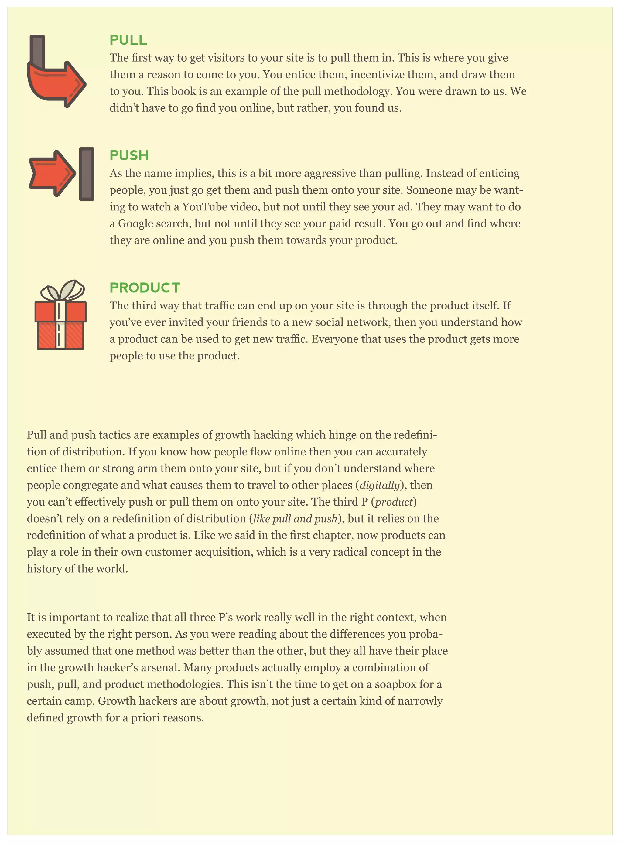 PULL
them a reason to come to you. You entice them, incentivize them, and draw them
to you. This book is an example of the pull methodology. You were drawn to us. We
PUSH
As the name implies, this is a bit more aggressive than pulling. Instead of enticing
people, you just go get them and push them onto your site. Someone may be want-
ing to watch a YouTube video, but not until they see your ad. They may want to do
they are online and you push them towards your product.
PRODUCT
you’ve ever invited your friends to a new social network, then you understand how
people to use the product.
-
entice them or strong arm them onto your site, but if you don’t understand where
people congregate and what causes them to travel to other places (digitally), then
product)
like pull and push), but it relies on the
play a role in their own customer acquisition, which is a very radical concept in the
history of the world.
It is important to realize that all three P’s work really well in the right context, when
-
bly assumed that one method was better than the other, but they all have their place
in the growth hacker’s arsenal. Many products actually employ a combination of
push, pull, and product methodologies. This isn’t the time to get on a soapbox for a
certain camp. Growth hackers are about growth, not just a certain kind of narrowly
 
