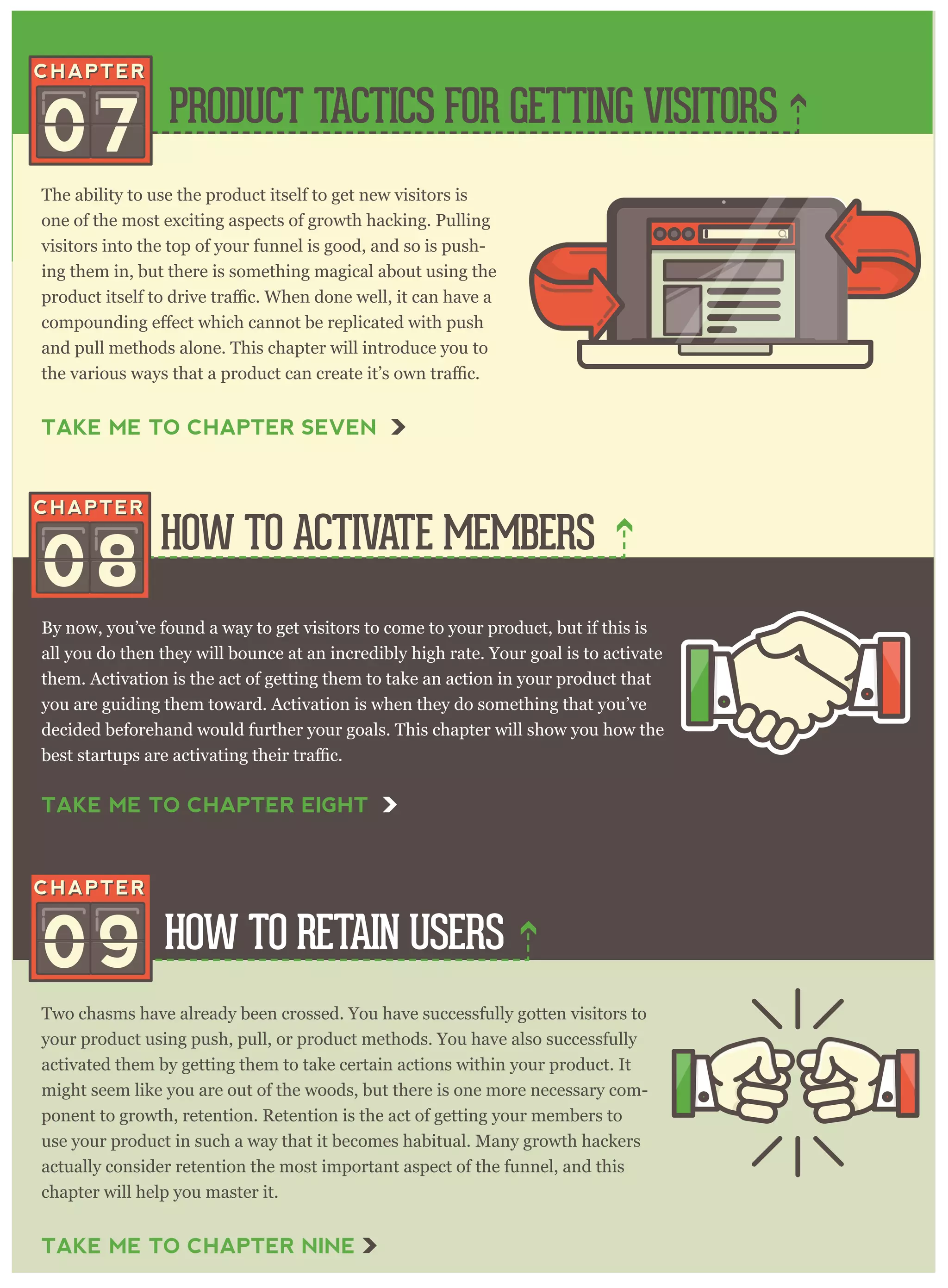 The ability to use the product itself to get new visitors is
one of the most exciting aspects of growth hacking. Pulling
visitors into the top of your funnel is good, and so is push-
ing them in, but there is something magical about using the
and pull methods alone. This chapter will introduce you to
By now, you’ve found a way to get visitors to come to your product, but if this is
all you do then they will bounce at an incredibly high rate. Your goal is to activate
them. Activation is the act of getting them to take an action in your product that
you are guiding them toward. Activation is when they do something that you’ve
decided beforehand would further your goals. This chapter will show you how the
Two chasms have already been crossed. You have successfully gotten visitors to
your product using push, pull, or product methods. You have also successfully
activated them by getting them to take certain actions within your product. It
might seem like you are out of the woods, but there is one more necessary com-
ponent to growth, retention. Retention is the act of getting your members to
use your product in such a way that it becomes habitual. Many growth hackers
actually consider retention the most important aspect of the funnel, and this
chapter will help you master it.
PRODUCT TACTICS FOR GETTING VISITORS
HOW TO ACTIVATE MEMBERS
HOW TO RETAIN USERS
07
08
09
TAKE ME TO CHAPTER SEVEN
TAKE ME TO CHAPTER NINE
TAKE ME TO CHAPTER EIGHT
 