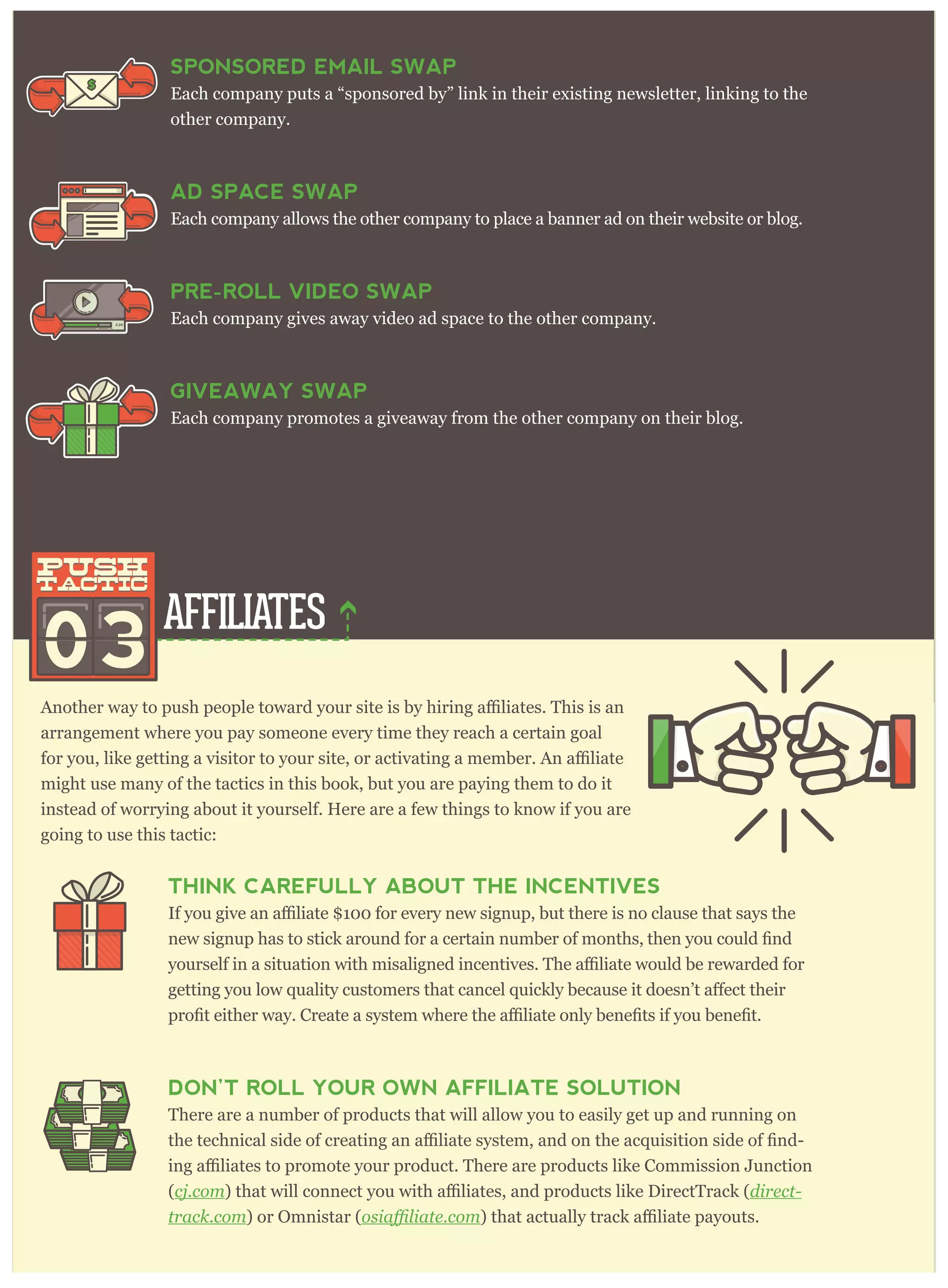 AFFILIATES
SPONSORED EMAIL SWAP
Each company puts a “sponsored by” link in their existing newsletter, linking to the
other company.
AD SPACE SWAP
Each company allows the other company to place a banner ad on their website or blog.
PRE-ROLL VIDEO SWAP
Each company gives away video ad space to the other company.
GIVEAWAY SWAP
Each company promotes a giveaway from the other company on their blog.
03
push
tactic
push
tactic
arrangement where you pay someone every time they reach a certain goal
might use many of the tactics in this book, but you are paying them to do it
instead of worrying about it yourself. Here are a few things to know if you are
going to use this tactic:
THINK CAREFULLY ABOUT THE INCENTIVES
new signup has to stick around for a certain number of months,
would be rewarded for
DON’T ROLL YOUR OWN AFFILIATE SOLUTION
There are a number of products that will allow you to easily get up and running on
-
(cj.com direct-
track.com) or Omnistar (
3:20
 