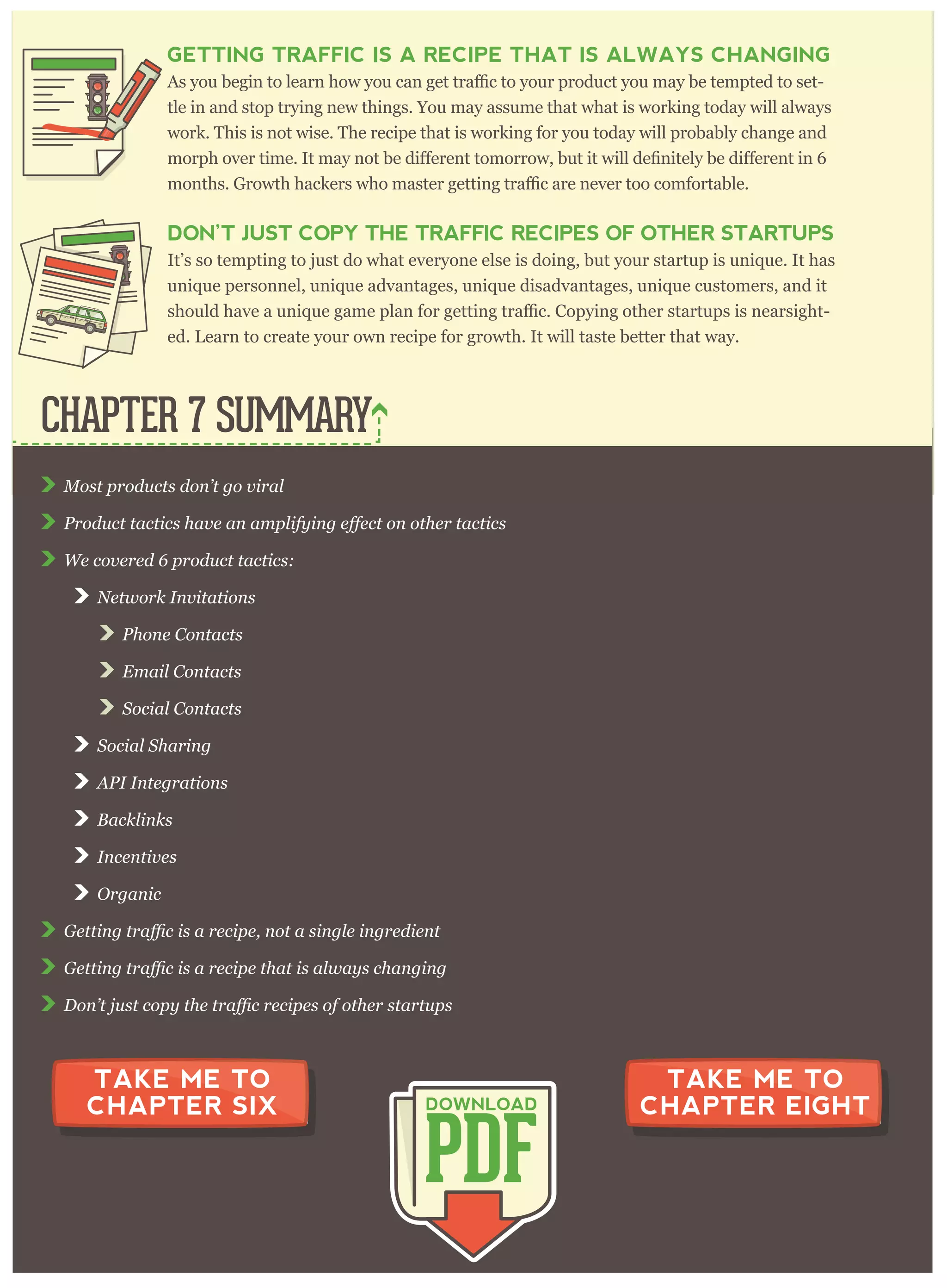 M ost p r oducts don’ t g o v ir al
W e cov er ed 6 p r oduct tactics:
N etw or k I nv itations
P hone C ontacts
E m ail C ontacts
S ocial C ontacts
S ocial S har ing
A P I I nteg r ations
B acklinks
I ncentiv es
O r g anic
CHAPTER 7 SUMMARY
PDF
DOWNLOAD
TAKE ME TO
CHAPTER SIX
TAKE ME TO
CHAPTER EIGHT
GETTING TRAFFIC IS A RECIPE THAT IS ALWAYS CHANGING
may be tempted to set-
tle in and stop trying new things. You may assume that what is working today will always
work. This is not wise. The recipe that is working for you today will probably change and
DON’T JUST COPY THE TRAFFIC RECIPES OF OTHER STARTUPS
It’s so tempting to just do what everyone else is doing, but your startup is unique. It has
unique personnel, unique advantages, unique disadvantages, unique customers, and it
-
ed. Learn to create your own recipe for growth. It will taste better that way.
 