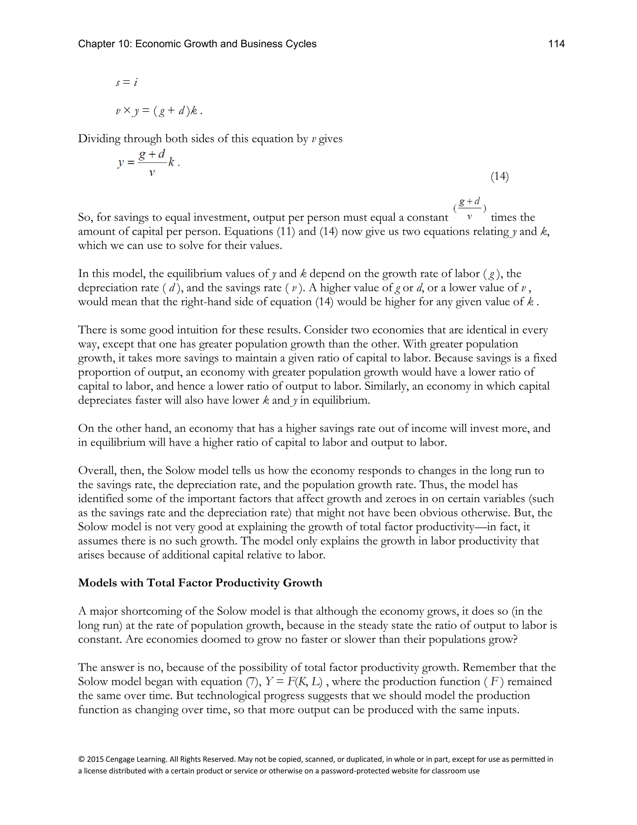 Chapter 10: Economic Growth and Business Cycles 114
© 2015 Cengage Learning. All Rights Reserved. May not be copied, scanned, or duplicated, in whole or in part, except for use as permitted in
a license distributed with a certain product or service or otherwise on a password-protected website for classroom use
s = i
v × y = ( g + d )k .
Dividing through both sides of this equation by v gives
(14)
So, for savings to equal investment, output per person must equal a constant times the
amount of capital per person. Equations (11) and (14) now give us two equations relating y and k,
which we can use to solve for their values.
In this model, the equilibrium values of y and k depend on the growth rate of labor ( g ), the
depreciation rate ( d ), and the savings rate ( v ). A higher value of g or d, or a lower value of v ,
would mean that the right-hand side of equation (14) would be higher for any given value of k .
There is some good intuition for these results. Consider two economies that are identical in every
way, except that one has greater population growth than the other. With greater population
growth, it takes more savings to maintain a given ratio of capital to labor. Because savings is a fixed
proportion of output, an economy with greater population growth would have a lower ratio of
capital to labor, and hence a lower ratio of output to labor. Similarly, an economy in which capital
depreciates faster will also have lower k and y in equilibrium.
On the other hand, an economy that has a higher savings rate out of income will invest more, and
in equilibrium will have a higher ratio of capital to labor and output to labor.
Overall, then, the Solow model tells us how the economy responds to changes in the long run to
the savings rate, the depreciation rate, and the population growth rate. Thus, the model has
identified some of the important factors that affect growth and zeroes in on certain variables (such
as the savings rate and the depreciation rate) that might not have been obvious otherwise. But, the
Solow model is not very good at explaining the growth of total factor productivity—in fact, it
assumes there is no such growth. The model only explains the growth in labor productivity that
arises because of additional capital relative to labor.
Models with Total Factor Productivity Growth
A major shortcoming of the Solow model is that although the economy grows, it does so (in the
long run) at the rate of population growth, because in the steady state the ratio of output to labor is
constant. Are economies doomed to grow no faster or slower than their populations grow?
The answer is no, because of the possibility of total factor productivity growth. Remember that the
Solow model began with equation (7), Y = F(K, L) , where the production function ( F ) remained
the same over time. But technological progress suggests that we should model the production
function as changing over time, so that more output can be produced with the same inputs.
 