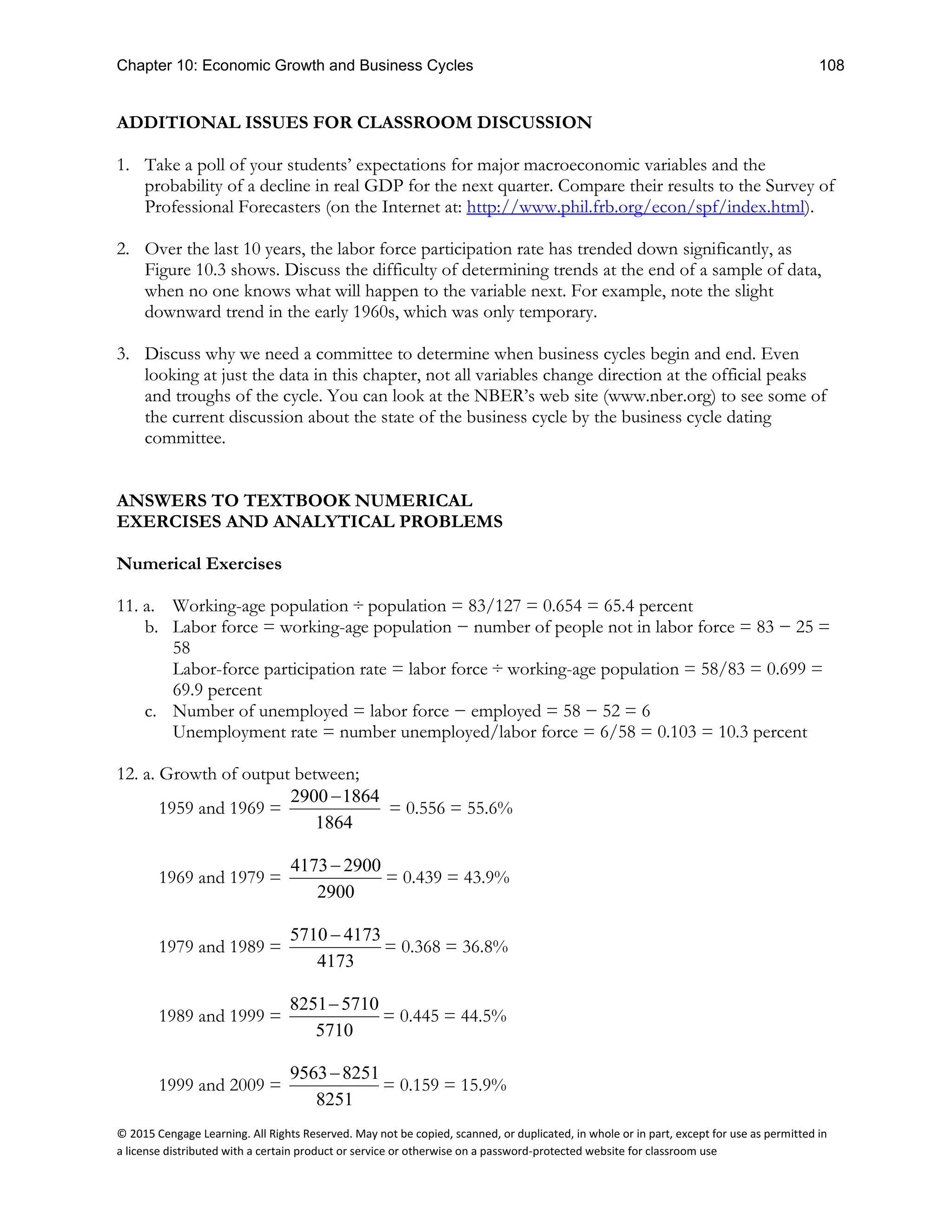 Chapter 10: Economic Growth and Business Cycles 108
© 2015 Cengage Learning. All Rights Reserved. May not be copied, scanned, or duplicated, in whole or in part, except for use as permitted in
a license distributed with a certain product or service or otherwise on a password-protected website for classroom use
ADDITIONAL ISSUES FOR CLASSROOM DISCUSSION
1. Take a poll of your students’ expectations for major macroeconomic variables and the
probability of a decline in real GDP for the next quarter. Compare their results to the Survey of
Professional Forecasters (on the Internet at: http://www.phil.frb.org/econ/spf/index.html).
2. Over the last 10 years, the labor force participation rate has trended down significantly, as
Figure 10.3 shows. Discuss the difficulty of determining trends at the end of a sample of data,
when no one knows what will happen to the variable next. For example, note the slight
downward trend in the early 1960s, which was only temporary.
3. Discuss why we need a committee to determine when business cycles begin and end. Even
looking at just the data in this chapter, not all variables change direction at the official peaks
and troughs of the cycle. You can look at the NBER’s web site (www.nber.org) to see some of
the current discussion about the state of the business cycle by the business cycle dating
committee.
ANSWERS TO TEXTBOOK NUMERICAL
EXERCISES AND ANALYTICAL PROBLEMS
Numerical Exercises
11. a. Working-age population ÷ population = 83/127 = 0.654 = 65.4 percent
b. Labor force = working-age population − number of people not in labor force = 83 − 25 =
58
Labor-force participation rate = labor force ÷ working-age population = 58/83 = 0.699 =
69.9 percent
c. Number of unemployed = labor force − employed = 58 − 52 = 6
Unemployment rate = number unemployed/labor force = 6/58 = 0.103 = 10.3 percent
12. a. Growth of output between;
1959 and 1969 =
2900 1864
1864
−
= 0.556 = 55.6%
1969 and 1979 =
4173 2900
2900
−
= 0.439 = 43.9%
1979 and 1989 =
5710 4173
4173
−
= 0.368 = 36.8%
1989 and 1999 =
8251 5710
5710
−
= 0.445 = 44.5%
1999 and 2009 =
9563 8251
8251
−
= 0.159 = 15.9%
 