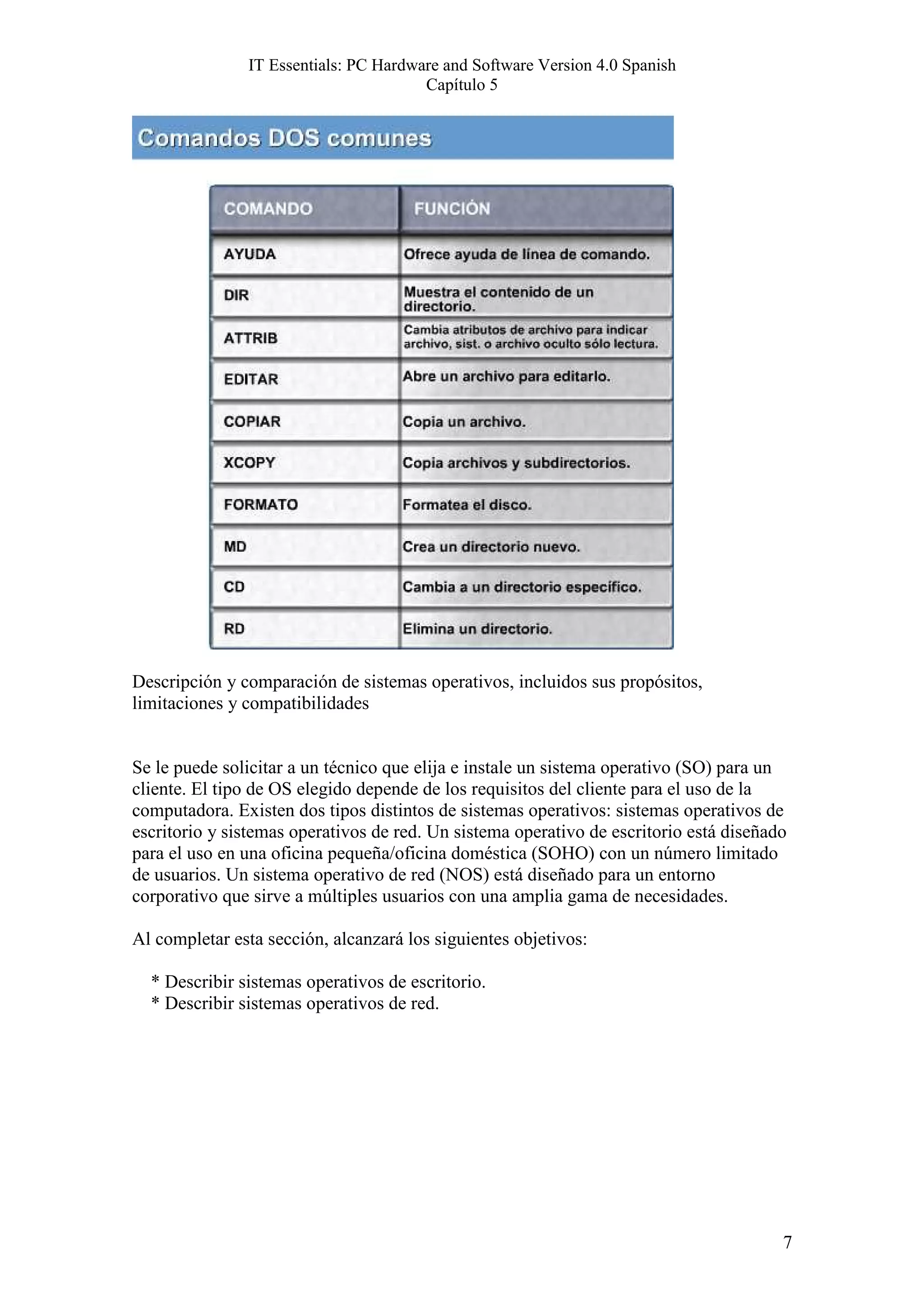 IT Essentials: PC Hardware and Software Version 4.0 Spanish
                                       Capítulo 5




Descripción y comparación de sistemas operativos, incluidos sus propósitos,
limitaciones y compatibilidades


Se le puede solicitar a un técnico que elija e instale un sistema operativo (SO) para un
cliente. El tipo de OS elegido depende de los requisitos del cliente para el uso de la
computadora. Existen dos tipos distintos de sistemas operativos: sistemas operativos de
escritorio y sistemas operativos de red. Un sistema operativo de escritorio está diseñado
para el uso en una oficina pequeña/oficina doméstica (SOHO) con un número limitado
de usuarios. Un sistema operativo de red (NOS) está diseñado para un entorno
corporativo que sirve a múltiples usuarios con una amplia gama de necesidades.

Al completar esta sección, alcanzará los siguientes objetivos:

  * Describir sistemas operativos de escritorio.
  * Describir sistemas operativos de red.




                                                                                        7
 