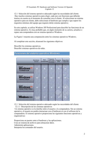IT Essentials: PC Hardware and Software Version 4.0 Spanish
                                       Capítulo 12

12.1 Selección del sistema operativo adecuado según las necesidades del cliente
 Hay muchos sistemas operativos para elegir, cada uno con funciones que deberán
tenerse en cuenta en el momento de consultar con el cliente. Al seleccionar un sistema
operativo para un cliente, debe seleccionar el hardware que cumpla o que supere los
requisitos mínimos del equipo que requiere dicho sistema operativo.

En este capítulo, se utiliza Windows XP Professional para describir las funciones de un
sistema operativo. Es muy probable que, en algún momento de su carrera, actualice o
repare una computadora con un sistema operativo Windows.

La Figura 1 muestra una comparación entre los sistemas operativos Windows.

Al completar esta sección, alcanzará los siguientes objetivos:

Describir los sistemas operativos.
Describir sistemas operativos de redes.




12.1 Selección del sistema operativo adecuado según las necesidades del cliente
 12.1.1 Descripción de los sistemas operativos
 Un sistema operativo es la interfaz entre el usuario y la computadora. Sin un sistema
operativo, el usuario no podría interactuar con el hardware ni con el software de la
computadora. El sistema operativo proporciona las siguientes funciones operativas y
organizativas:

Proporciona un puente entre el hardware y las aplicaciones.
Crea un sistema de archivos para almacenar datos.
Administra aplicaciones.
Interpreta los comandos del usuario.


                                                                                         2
 