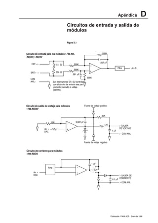 Apéndice                   D
                                          Circuitos de entrada y salida de
                                          módulos

                                          Figura D.1



Circuito de entrada para los módulos 1746ĆNI4,                                       500K
ĆNIO4I y ĆNIO4V

                                                                                   .001 mF
     ENT -                   S1, S2              500K
                                                                        -
                                                                                                      Filtro        AaD
                                                  500K
                              250 W                                    +
    ENT + 
                                                .001 mF
                                                                    500K
    COM
    ANL                   Los interruptores S1 y S2 controlan
                           que el circuito de entrada sea para
                           corriente (cerrado) o voltaje
                           (abierto).




Circuito de salida de voltaje para módulos                       Fuente de voltaje positivo
1746ĆNIO4V

                                                                                     30K

                        10K                         0.022 mF
                                          -                                             120              SALIDA
                 de                      +                                                             DE VOLTAJE
                 DAC                                                                           1 mF
                                                                                                         COM ANL


                                                                 Fuente de voltaje negativo


Circuito de corriente para módulos
1746ĆNIO4I


                                                                           1 mF
                     Amp                               -
      de                                            +
      DAC                                                                                               SALIDA DE
                                                                                                0.1 mF CORRIENTE
                                                                                                        COM ANL




                                                                                              Publicación 1746Ć6.4ES - Enero de 1996
 