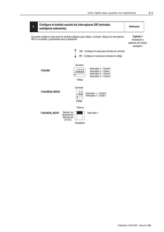 Inicio rápido para usuarios con experiencia                          2–3



        Configure el módulo usando los interruptores DIP (entradas
 3.
  3.                                                                                                            Referencia
        analógicas solamente).

Se puede configurar cada canal de entrada analógica para voltaje o corriente. Ubique los interruptores              Capítulo 3
DIP en el módulo y posiciónelos para la aplicación.                                                                (Instalación y
                                                                                                               cableado del módulo
                                                                                                                     analógico)

                                                         ON - Configura el canal para entrada de corriente
                                                         Off - Configura el canal para entrada de voltaje


                                                 Corriente
                                                                     Interruptor 1 = Canal 0
          1746ĆNI4                               O
                                                     1234
                                                                     Interruptor 2 = Canal 1
                                                 N
                                                                     Interruptor 3 = Canal 2
                                                                     Interruptor 4 = Canal 3
                                                     Voltaje


                                                 Corriente
          1746ĆNIO4I, NIO4V                              12
                                                     O          Interruptor 1 = Canal 0
                                                     N
                                                                Interruptor 2 = Canal 1

                                                     Voltaje

                                                     Externo

          1746ĆNO4I, NO4V          Selector de                    Interruptor 1
                                  alimentación
                                  eléctrica de
                                     24 VCC
                                                 Backplane




                                                                                                    Publicación 1746Ć6.4ES - Enero de 1996
 