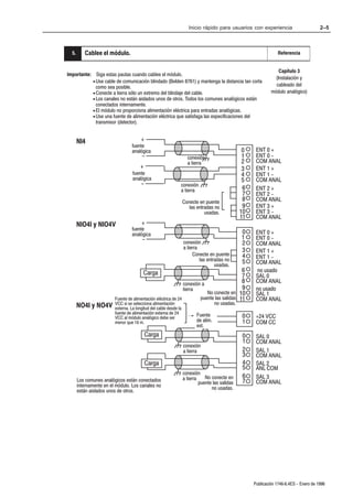 Inicio rápido para usuarios con experiencia                         2–5



 8. .
  5        Cablee el módulo.                                                                                        Referencia


                                                                                                                     Capítulo 3
Importante: Siga estas pautas cuando cablee el módulo.
                                                                                                                   (Instalación y
           • Use cable de comunicación blindado (Belden 8761) y mantenga la distancia tan corta
             como sea posible.                                                                                     cableado del
           • Conecte a tierra sólo un extremo del blindaje del cable.                                            módulo analógico)
           • Los canales no están aislados unos de otros. Todos los comunes analógicos están
             conectados internamente.
           • El módulo no proporciona alimentación eléctrica para entradas analógicas.
           • Use una fuente de alimentación eléctrica que satisfaga las especificaciones del
             transmisor (detector).


        NI4                              +
                                    fuente
                                    analógica                                                       0    ENT 0 +
                                         -                            conexión                      1    ENT 0 -
                                                                      a tierra                      2    COM ANAL
                                        +                                                           3    ENT 1 +
                                    fuente                                                          4    ENT 1 -
                                    analógica                                                       5    COM ANAL
                                         -                      conexión
                                                                a tierra                            6    ENT 2 +
                                                                                                    7    ENT 2 -
                                                                    Conecte en puente               8    COM ANAL
                                                                       las entradas no              9    ENT 3 +
                                                                               usadas.             10    ENT 3 -
                                                                                                   11    COM ANAL
        NIO4I y NIO4V                    +
                                    fuente
                                    analógica                                                  0         ENT 0 +
                                         -                                                     1         ENT 0 -
                                                                 conexión                      2         COM ANAL
                                                                 a tierra
                                                                                               3         ENT 1 +
                                                                       Conecte en puente       4
                                                                          las entradas no                ENT 1 -
                                                                                  usadas.
                                                                                               5         COM ANAL
                                         Carga                                                 6         no usado
                                                                                               7         SAL 0
                                                                 conexión a                    8         COM ANAL
                                                                 tierra                        9         no usado
                                                                              No conecte en 10           SAL 1
                          Fuente de alimentación eléctrica de 24           puente las salidas 11         COM ANAL
        NO4I y NO4V       VCC si se selecciona alimentación                           no usadas.
                          externa. La longitud del cable desde la
                          fuente de alimentación externa de 24             Fuente
                          VCC al módulo analógico debe ser                                         0     +24 VCC
                          menor que 10 m.                                  de alim.                1     COM CC
                                                                           ext.
                                             Carga                                                  0    SAL 0
                                                                                                    1    COM ANAL
                                                                    conexión
                                                                    a tierra                        2    SAL 1
                                                                                                    3    COM ANAL
                                             Carga                                                  4    SAL 2
                                                                                                    5    ANL COM
                                                                    conexión
                                                                    a tierra    No conecte en       6    SAL 3
        Los comunes analógicos están conectados                              puente las salidas     7    COM ANAL
        internamente en el módulo. Los canales no                                  no usadas.
        están aislados unos de otros.




                                                                                                        Publicación 1746Ć6.4ES - Enero de 1996
 