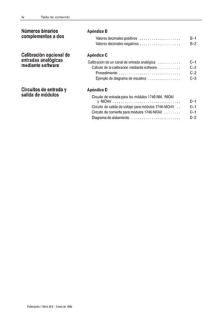 iv              Tabla de contenido



Números binarios                              Apéndice B
complementos a dos                                  Valores decimales positivos . . . . . . . . . . . . . . . . . . . .           B-1
                                                    Valores decimales negativos . . . . . . . . . . . . . . . . . . . .           B-2

Calibración opcional de                       Apéndice C
entradas analógicas                           Calibración de un canal de entrada analógica . . . . . . . . . . .                  C-1
mediante software                               Cálculo de la calibración mediante software . . . . . . . . . . .                 C-2
                                                   Procedimiento . . . . . . . . . . . . . . . . . . . . . . . . . . . . . .      C-2
                                                   Ejemplo de diagrama de escalera . . . . . . . . . . . . . . . .                C-3

Circuitos de entrada y                        Apéndice D
salida de módulos                                Circuito de entrada para los módulos 1746ĆNI4, ĆNIO4I
                                                     y ĆNIO4V . . . . . . . . . . . . . . . . . . . . . . . . . . . . . . . . .   D-1
                                                 Circuito de salida de voltaje para módulos 1746ĆNIO4V . .                        D-1
                                                 Circuito de corriente para módulos 1746ĆNIO4I . . . . . . . .                    D-1
                                                 Diagrama de aislamiento . . . . . . . . . . . . . . . . . . . . . . . .          D-2




     Publicación 1746Ć6.4ES - Enero de 1996
 