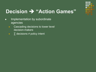 Decision “Action Games”
Implementation by subordinate
agencies
Cascading decisions to lower level
decision-makers
∑ decisions ≠ policy intent
 