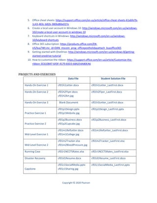 Copyright © 2020 Pearson
5. Office cheat sheets: https://support.office.com/en-us/article/office-cheat-sheets-61abfe7b-
1c43-483c-b82b-3806d80e027e
6. Create a local user account in Windows 10: http://windows.microsoft.com/en-us/windows-
10/create-a-local-user-account-in-windows-10
7. Keyboard shortcuts in Windows: http://windows.microsoft.com/en-us/windows-
10/keyboard-shortcuts
8. Office 365 subscription: https://products.office.com/EN-
US/buy?Wt.mc_id=OAN_mscom_prog_officepostholidayattach_buyoffice365
9. Getting started with OneDrive: http://windows.microsoft.com/en-us/windows-8/getting-
started-onedrive-tutorial
10. How to customize the ribbon: https://support.office.com/en-us/article/Customize-the-
ribbon-3C610B47-6F0F-4179-83D3-68A254A80EA6
PROJECTS AND EXERCISES
Data File Student Solution File
Hands-On Exercise 1 cf01h1Letter.docx cf01h1Letter_LastFirst.docx
Hands-On Exercise 2 cf01h2Flyer.docx
cf01h2Art.jpg
cf01h2Flyer_LastFirst.docx
Hands-On Exercise 3 Blank Document cf01h3Letter_LastFirst.docx
Practice Exercise 1
cf01p1Design.pptx
cf01p1Website.jpg
cf01p1Design_LastFirst.pptx
Practice Exercise 2
cf01p2Business.docx
cf01p2Cupcake.jpg
cf01p2Business_LastFirst.docx
Mid-Level Exercise 1
cf01m1RefLetter.docx
cf01m1College.jpg
cf01m1RefLetter_LastFirst.docx
Mid-Level Exercise 2
cf01m2Tracker.xlsx
cf01m2BloodPressure.jpg
cf01m2Tracker_LastFirst.xlsx
Running Case cf01r1NCCTSRates.xlsx cf01r1NCCTSRates_LastFirst.xlsx
Disaster Recovery cf01d1Resume.docx cf01d1Resume_LastFirst.docx
Capstone
cf01c1SocialMedia.pptx
cf01c1Sharing.jpg
cf01c1SocialMedia_LastFirst.pptx
 
