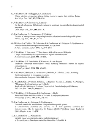 7
63. V.I.Arkhipov, H. von Seggern, E.V.Emelianova
Charge injection versus space-charge-limited current in organic light-emitting diodes
Appl. Phys. Lett., 2003, 83, 5074-5076.
64. V.I.Arkhipov, E.V.Emelianova, H.Bässler
On the role of spectral diffusion of excitons in sensitized photoconduction in conjugated
polymers
Chem. Phys. Lett., 2004, 383, 166-170.
65. E.V.Emelianova, G.J.Adriaenssens, V.I.Arkhipov
The role of photogenerated charges in photoinduced expansion of chalcogenide glasses
Philos. Mag. Lett., 2004, 84, 47-52.
66. M.S.Iovu, I.A.Vasiliev, E.P.Colomeico, E.V.Emelianova, V.I.Arkhipov, G.J.Adriaenssens
Photocurrent relaxation in pure and Pr-doped a-As2S3 films
J. Phys.: Condens. Matter, 2004, 16, 2949-2958.
67. V.I.Arkhipov, P.Heremans, E.V.Emelianova, G.J.Adriaenssens, H.Bässler
Charge carrier mobility in doped disordered organic semiconductors
J. Non-Cryst. Solids, 2004, 338, 603-606.
68. V.I.Arkhipov, E.V.Emelianova, R.Schmechel, H. von Seggern
Thermally stimulated luminescence versus thermally stimulated current in organic
semiconductors
J. Non-Cryst. Solids, 2004, 338, 626-629.
69. V.I.Arkhipov, H.Bässler, E.V.Emelianova, D.Hertel, V.Gulbinas, C.Im, L.Rothberg
Exciton dissociation in conjugated polymers
Macromolecular Symposia, 2004, 212, 13-24.
70. A.Kadashchuk, A.Vakhnin, I.Blonski, D.Beljonne, Z.Shuai, J.L.Brédas, V.I.Arkhipov,
P.Heremans, E.V.Emelianova, and H.Bässler
Singlet-Triplet Splitting of Geminate Electron-Hole Pairs in Conjugated Polymers
Phys. Rev. Lett., 2004, 93, 066803/1-3.
71. V.I.Arkhipov, P.L.Heremans, E.V.Emelianova, H.Bässler
Spectral diffusion and dissociation of excitons in conjugated polymers
Proceedings of SPIE, 2004, 5464, 345-351.
72. E.V.Emelianova, V.I.Arkhipov, G.J.Adriaenssens
Electronic models for photoinduced changes in chalcogenide glasses
in Optoelectronic Materials and Devices, Vol. 1, Non-Crystalline Materials for
Optoelectronic, Eds. G. Lucovsky, M. Popescu (INOE Publishing House, Bucharest
2004), Chapter 6, pp. 131-154.
73. E.V.Emelianova, G.J.Adriaenssens
Variable-range hopping in disordered materials (a review)
in Recent Research Developments in Non-Crystalline Solids,Vol. 4
 