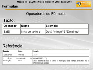 Texto:
Referência:
Módulo III – Br.Office Calc e Microsoft Office Excel 2003
Fórmulas
Operadores de Fórmulas
 