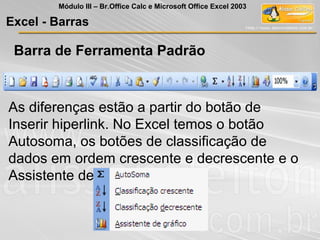 Barra de Ferramenta Padrão
As diferenças estão a partir do botão de
Inserir hiperlink. No Excel temos o botão
Autosoma, os botões de classificação de
dados em ordem crescente e decrescente e o
Assistente de gráfico
Excel - Barras
Módulo III – Br.Office Calc e Microsoft Office Excel 2003
 
