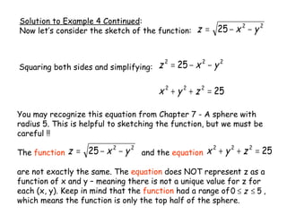 Solution to Example 4 Continued : Now let’s consider the sketch of the function:  Squaring both sides and simplifying:  You may recognize this equation from Chapter 7 - A sphere with radius 5. This is helpful to sketching the function, but we must be careful !! The  function     and the  equation are not exactly the same. The  equation  does NOT represent z as a function of x and y – meaning there is not a unique value for z for each (x, y). Keep in mind that the  function  had a range of    , which means the function is only the top half of the sphere. 