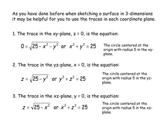 As you have done before when sketching a surface in 3-dimensions it may be helpful for you to use the traces in each coordinate plane.  1. The trace in the xy-plane, z = 0, is the equation:  The circle centered at the origin with radius 5 in the xy-plane. 2. The trace in the yz-plane, x = 0, is the equation: The circle centered at the origin with radius 5 in the yz-plane. 3. The trace in the xz-plane, y = 0, is the equation: The circle centered at the origin with radius 5 in the xz-plane. 
