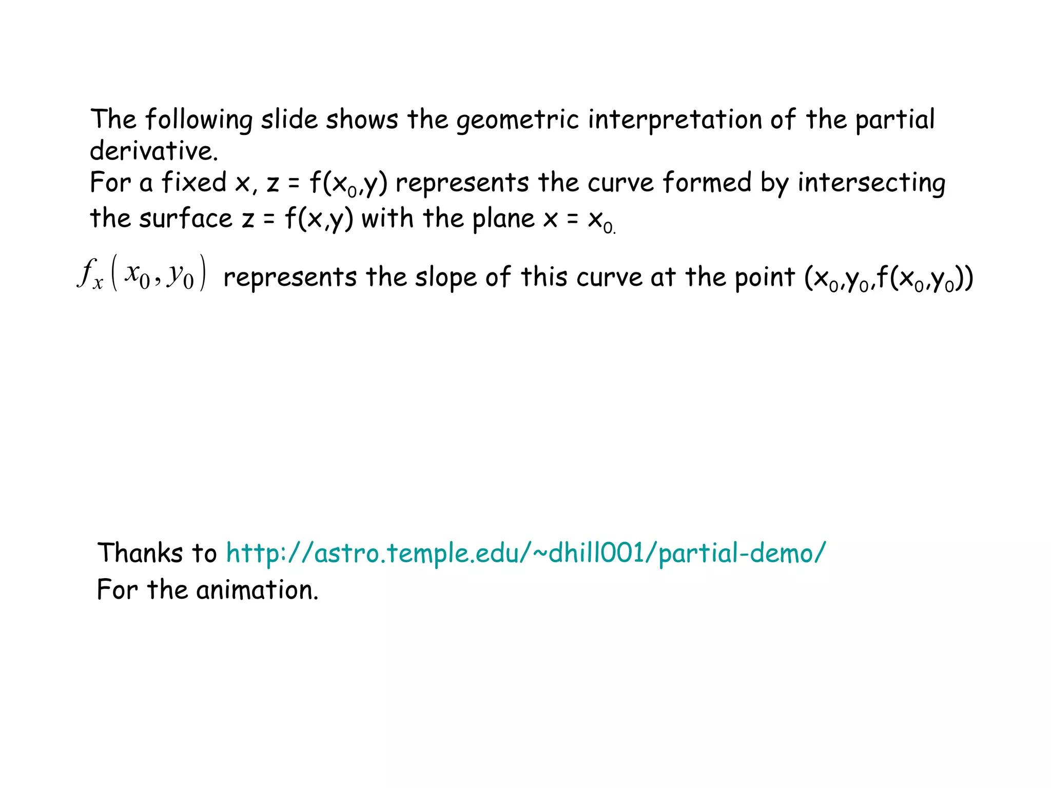 The following slide shows the geometric interpretation of the partial derivative.  For a fixed x, z = f(x 0 ,y) represents the curve formed by intersecting the surface z = f(x,y) with the plane x = x 0. represents the slope of this curve at the point (x 0 ,y 0 ,f(x 0 ,y 0 )) Thanks to  http://astro.temple.edu/~dhill001/partial-demo/ For the animation. 