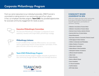 COMMUNITY BOARD
LEADERSHIP IN 2016
CNO senior leaders give back to their communities
by serving on the boards of local and national
nonprofit organizations and chambers of
commerce, including:
» Alzheimer’s Association of Greater Illinois
» Alzheimer’s Association of Greater Indiana
» American Cancer Society, Lakeshore Division
» American Red Cross of Central Indiana
» Beyond Monumental
» Boy Scouts of America, Crossroads of America Council
» CICOA Aging  In-Home Solutions
» Children’s Scholarship Fund Philadelphia
» Indiana Chamber of Commerce
» Indiana Sports Corporation
» Indiana Women in Need Foundation
» Indianapolis Chamber of Commerce
» Jefferson Awards Foundation
» Julian Center
» Marian University
» Meals on Wheels Chicago
» Pacers Foundation
» St.Vincent Foundation
» Starfish Initiative
» WFYI Public Media
Executive Philanthropic Committee
The Executive Philanthropic Committee is composed of senior
leadership members who shape CNO’s philanthropic strategy.
Philanthropy Liaisons
In each of CNO’s three corporate office locations, two associates
serve as philanthropy liaisons to lead volunteer committees of their
peers and chair community service projects.
Team CNO Philanthropy Program
Our associate volunteer program engages associates to give back to
their community through volunteer service and charitable donations.
Corporate Philanthropy Program
From our senior executives to our individual associates, CNO Financial is
committed to making service in our communities part of our culture.
In fact, our employee volunteer program, Team CNO, has provided opportunities
for associate community engagement for nearly 20 years.
8
 