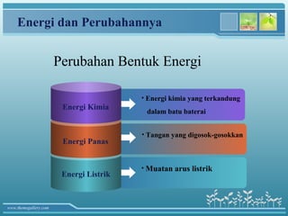 Energi dan Perubahannya


                       Perubahan Bentuk Energi

                                         • Energi kimia yang terkandung
                        Energi Kimia
                                          dalam batu baterai


                                         • Tangan yang digosok-gosokkan
                        Energi Panas


                                         • Muatan   arus listrik
                        Energi Listrik



www.themegallery.com
 