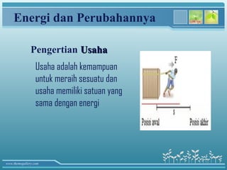 Energi dan Perubahannya

               Pengertian Usaha
                  Usaha adalah kemampuan
                  untuk meraih sesuatu dan
                  usaha memiliki satuan yang
                  sama dengan energi




www.themegallery.com
 
