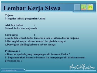 Lembar Kerja Siswa
   Tujuan          :
   Mengidentifikasi pengertian Usaha

   Alat dan Bahan         :
   Sebuah buku dan meja tulis

   Cara kerja              :
   a.Ambillah sebuah buku temanmu lalu letakkan di atas mejamu
   b.Doronglah meja tulismu sampai berpindah tempat
   c.Doronglah dinding kelasmu sekuat tenaga

   Pertanyaan :
   a.Besaran apakah yang mempengaruhi besaran Usaha ?
   b. Bagaimanakah besaran-besaran itu mempengaruhi usaha menurut
   perkiraanmu ?


www.themegallery.com
 