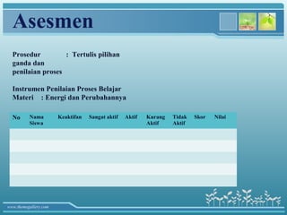 Asesmen
  Prosedur         : Tertulis pilihan
  ganda dan
  penilaian proses

  Instrumen Penilaian Proses Belajar
  Materi : Energi dan Perubahannya

  No      Nama         Keaktifan   Sangat aktif   Aktif   Kurang   Tidak   Skor   Nilai
          Siswa                                           Aktif    Aktif




www.themegallery.com
 