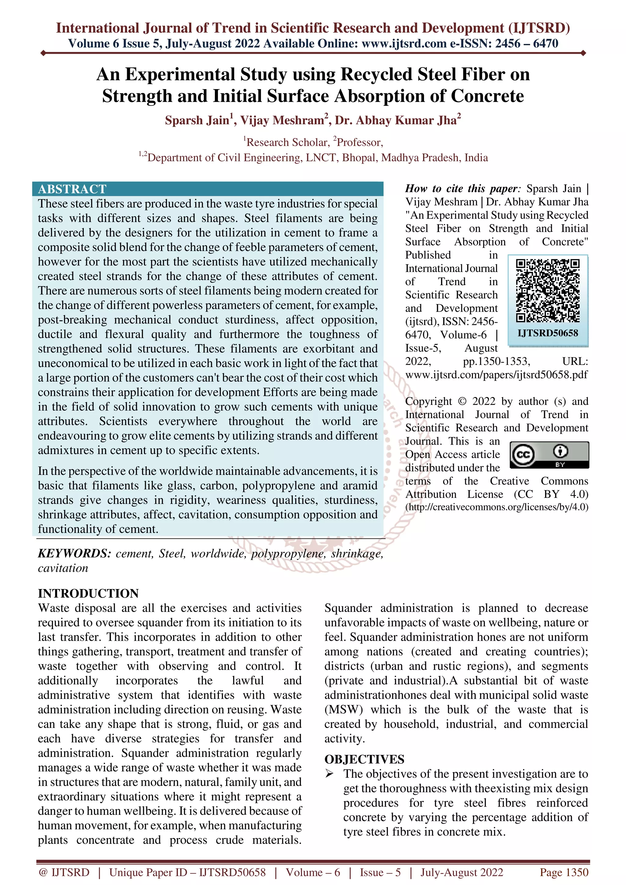 Fiber Study An Experimental Study using Recycled Steel Fiber on Strength and ...