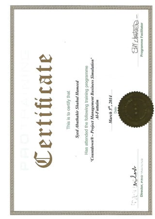 Project Management Business Simulaton - certificate