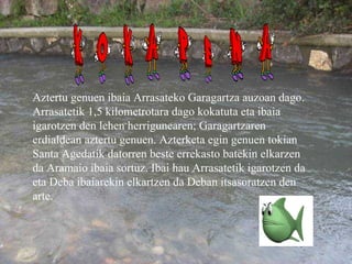 Aztertu genuen ibaia Arrasateko Garagartza auzoan dago. Arrasatetik 1,5 kilometrotara dago kokatuta eta ibaia igarotzen den lehen herrigunearen; Garagartzaren erdialdean aztertu genuen. Azterketa egin genuen tokian Santa Agedatik datorren beste errekasto batekin elkarzen da Aramaio ibaia sortuz. Ibai hau Arrasatetik igarotzen da eta Deba ibaiarekin elkartzen da Deban itsasoratzen den arte. 