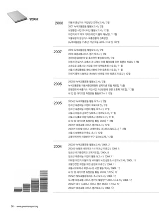자동차 온실가스 저감방안 연구보고서 / 3월
2007 녹색교통운동 활동보고서 / 2월
보행환경 시민 모니터단 활동보고서 / 12월
자전거 타고 학교 가자! (자전거 통학 매뉴얼) / 12월
교통부문의 온실가스 배출현황과 감축방안
(녹색교통운동 15주년 기념 학술 세미나 자료집) /12월
2006 녹색교통운동 활동보고서 / 2월
2006 대중교통서비스 평가 보고서 / 3월
경차이용실태분석 및 효과적인 활성화 대책 / 3월
자동차 온실가스 감축과 경 소형차 이용 활성화를 위한 토론회 자료집 / 7월
고속도로 교통사고 저감을 위한 정책토론회 자료집 / 11월
서울시 혼잡통행료 확대시행에 관한 토론회 자료집 / 11월
자전거 통학 시범학교 개선방안 마련을 위한 토론회 자료집 / 12월
2005년 녹색교통운동 활동보고서 / 2월
녹색교통운동 자동차환경위원회 발족기념 포럼 자료집 / 5월
운행경유차 배출가스 저감사업 개선방향에 관한 토론회 자료집 / 12월
내 집 앞 대기오염 측정운동 활동보고서 / 12월
2004년 녹색교통운동 활동 보고서 / 2월
청소년 푸른하늘 지킴이 교육자료집 / 5월
청소년 푸른하늘 지킴이 활동 보고서 / 11월
서울시 자동차 공회전 실태조사 결과보고서 / 11월
서울시 나홀로 차량 실태조사 결과보고서 / 11월
내 집 앞 대기오염 측정운동 활동 보고서 / 12월
2005년 대중교통 서비스 평가보고서 / 12월
2005년 지하철 서비스 고객만족도 조사(도시철도공사) / 12월
서울시 보행환경 만족도 조사 / 12월
교통안전지역 지정방안 연구 결과보고서 / 12월
2003년 녹색교통운동 활동보고서 / 2004. 2
2004년 보행권 네트워크 1차 워크샵 자료집 / 2004. 5
청소년 대기환경학교 교육자료집 / 2004. 8
청소년 푸른하늘 지킴이 활동 보고서 / 2004. 11
지하철 자전거 이용자 및 비이용자 시민설문조사 결과보고서 / 2004. 11
교통안전법 개정을 위한 공청회 자료집 / 2004. 11
교통사고유자녀 희망나누기 사업 활동 백서 / 2004. 12
내 집 앞 대기오염 측정운동 활동 보고서 / 2004. 12
2004년 철도교통문화지수 조사 보고서 / 2004. 12
도시별 대중교통 서비스 평가와 활용방안 세미나 자료집 / 2004. 12
2004년 대구 시내버스 서비스 평가 보고서 / 2004. 12
2004년 대중교통 서비스 평가보고서 / 2004. 12
2007
2006
2005
2004
발간자료
2008
56 • www.greentransport.org
 