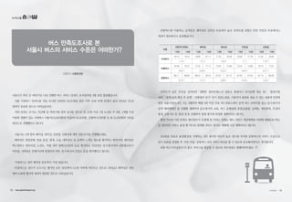 버스 만족도조사로 본
서울시 버스의 서비스 수준은 어떠한가?
고문수 | 교통환경팀
서울시가 작년 상·하반기로 나눠 진행한 버스 서비스 만족도 조사결과를 3월 16일 발표했습니다.
서울 시내버스 만족도를 처음 조사한 2006년 59.20점을 받은 이후 10년 만에 20점이 올라 2014년 79.24
점까지 상승한 것으로 나타났습니다.
이번 만족도 조사는 지난해 상·하반기에 걸쳐 실시된 것으로 만 15세 이상 1개 노선을 주 3회, 1개월 이상
이용한 경험이 있는 시내버스 이용자(12,600명)과 마을버스(8,303명), 공항버스(736명) 등 총 21,639명의 시민을
대상으로 진행했다고 합니다.
서울시는 4개 항목 쾌적성, 편리성, 안전성, 신뢰성에 대한 설문조사를 진행했는데요.
쾌적성은 청결상태, 방송 음질, 냄새, 소음, 내부온도 등 승객이 느끼는 정도를 평가하는 항목이며, 편리성은
버스정류소 편의시설, 노선도, 차량 내부 불편신고안내 등을 평가하고, 안전성은 운수종사자의 교통법규준수
여부를, 신뢰성은 운행시간대 변경안내 여부, 운수종사자 친절도 등을 평가했다고 합니다.
시내버스는 경우 쾌적성 상승폭이 가장 컸습니다.
마을버스는 점수가 오르기는 했지만 모두 상승폭이 0.5점 이하에 머무르는 것으로 나타났고 쾌적성은 전년
대비 0.49점 떨어져 개선이 필요한 것으로 나타났습니다.
공항버스를 이용하는 승객들은 쾌적성과 신뢰성 부문에서 높은 만족도를 보였고 반면 안전성 부문에서는
개선이 필요하다고 응답했습니다.
만족도가 낮은 부문을 살펴보면‘ 정확한 정보안내(노선·정류소 변경이나 임시운행 정보 등)’,‘불편사항
처리’,‘승객 승차 확인 후 운행’,‘교통법규 준수’등이 있었는데요. 이용자가 불편을 겪을 수 있는 내용과 안전에
관한 내용이었습니다. 시는 3월부터 매월 2회 이상 주요 버스정류소에서 승객 버스 승하차를 돕는‘운수종사자
승객 배려캠페인’을 진행할 계획이며 운수종사자 교육, 버스 운행실태 점검(급출발, 급제동, 개문발차, 무정차
통과, 교통사고 등 점검) 등을 진행하여 업체 평가에 반영할 계획이라고 합니다.
뿐만 아니라 시민 만족도 평가점수가 75점에 못 미치는 업체는 별도 서비스 개선대책을 마련해 제출토록 하는
등 전반적인 서비스 품질 뿐 아니라 업체별 서비스 관리도 병행해 나갈 계획이라고 합니다.
100점을 목표로 품질향상을 기대하는 것도 좋지만 비교적 높은 점수를 차지한 공항버스의 서비스 수준으로
단기 목표를 설정한 후 시내·마을·공항버스 모두 서비스개선을 할 수 있도록 유도해야한다고 생각합니다.
또한 버스기사님들이 더 좋은 서비스를 제공할 수 있도록 처우개선도 병행되어야겠죠.
구분
전반적 만족도 쾌적성 편리성 안전성 신뢰성
´13년 ´14년 ´13년 ´14년 ´13년 ´14년 ´13년 ´14년 ´13년 ´14년
시내버스
78.10 79.24 79.86 81.17 77.32 78.36 76.68 77.78 77.92 79.08
1.14↑ 1.31↑ 1.04↑ 1.1↑ 1.16↑
마을버스
76.28 76.31 77.62 77.13 75.62 75.96 74.42 74.86 76.75 77.02
0.03↑ 0.49↓ 0.34↑ 0.44↑ 0.27↑
공항버스
88.11 88.85 89.03 90.54 87.67 87.75 87.83 87.65 87.74 89.08
0.74↑ 1.51↑ 0.08↑ 0.18↓ 1.34↑
녹색교통
12 • www.greentransport.org 녹색교통 • 1312 • www.greentransport.org
 