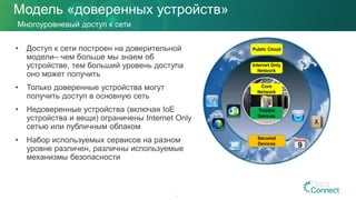 • Доступ к сети построен на доверительной
модели– чем больше мы знаем об
устройстве, тем больший уровень доступа
оно может получить
• Только доверенные устройства могут
получить доступ в основную сеть
• Недоверенные устройства (включая IoE
устройства и вещи) ограничены Internet Only
сетью или публичным облаком
• Набор используемых сервисов на разном
уровне различен, различны используемые
механизмы безопасности
Многоуровневый доступ к сети
23
Модель «доверенных устройств»
 