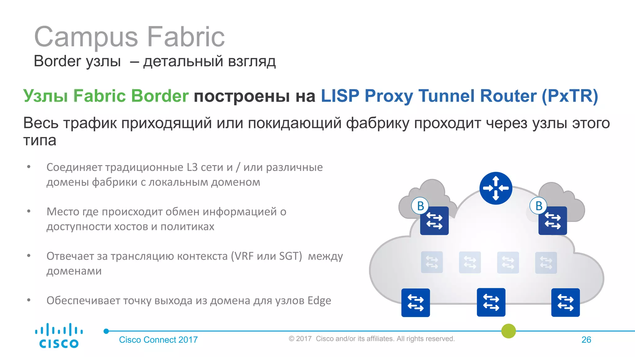 Campus Fabric
Border узлы – детальный взгляд
Cisco Connect 2017 © 2017 Cisco and/or its affiliates. All rights reserved. 26
Узлы Fabric Border построены на LISP Proxy Tunnel Router (PxTR)
Весь трафик приходящий или покидающий фабрику проходит через узлы этого
типа
B B
• Соединяет традиционные L3 сети и / или различные
домены фабрики с локальным доменом
• Место где происходит обмен информацией о
доступности хостов и политиках
• Отвечает за трансляцию контекста (VRF или SGT) между
доменами
• Обеспечивает точку выхода из домена для узлов Edge
 