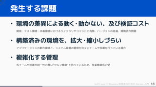 18SoftLayer と Bluemix 利用者のための Docker 入門
発生する課題
‣ 環境の差異による動く・動かない、及び検証コスト
開発・テスト環境・本番環境におけるライブラリやコマンドの有無、バージョンの差違、環境依存問題
‣ 構築済みの環境を、拡大・縮小しづらい
アプリケーションの動作環境と、システム基盤の管理を別々のチームや部署が行っている場合
‣ 複雑化する管理
各チームや部署が統一性の無い"セルフ標準"を持っているため、作業標準化の壁
 