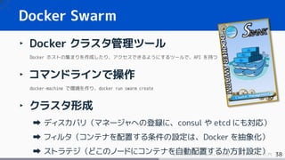 38SoftLayer と Bluemix 利用者のための Docker 入門
Docker Swarm
‣ Docker クラスタ管理ツール
Docker ホストの集まりを作成したり、アクセスできるようにするツールで、API を持つ
‣ コマンドラインで操作
docker-machine で環境を作り、docker run swarm create
‣ クラスタ形成
ディスカバリ（マネージャへの登録に、consul や etcd にも対応）
フィルタ（コンテナを配置する条件の設定は、Docker を抽象化）
ストラテジ（どこのノードにコンテナを自動配置するか方針設定）
 