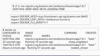 export DOCKER_HOST=tcp://containers-api.ng.bluemix.net:8443
export DOCKER_CERT_PATH=/zembutsu/.ice/certs
export DOCKER_TLS_VERIFY=1
# docker ps
CONTAINER ID IMAGE COMMAND CREATED
STATUS PORTS NAMES
fd3574fd-204 registry.ng.bluemix.net/zembutsu/bluemixapp1:0.1 "bash "
22 seconds ago Running 14 seconds ago sharp_engelbart
14ef7bc3-478 registry.ng.bluemix.net/zembutsu/bluemixapp1:0.1 "bash "
About a minute ago Running 57 seconds ago modest_brown
$ cf ic run registry.ng.bluemix.net/zembutsu/bluemixapp1:0.1
fd3574fd-2049-49d2-9b10-c6d585bcf098
 