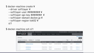 $ docker-machine create ¥
--driver softlayer ¥
--softlayer-user ######## ¥
--softlayer-api-key ####### ¥
--softlayer-domain docker.jp ¥
--softlayer-region tok02 ¥
sl1
$ docker-machine ssh sl1
 