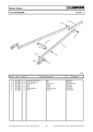 Deichsel / Deichsel
Vari-AB 60x20x2000 621 2492
07.04
Pos. Art.-Nr. Stk. Artikeltext / Description
30
Abmessung
1 301 3918 2 Sechskantschraube DIN931-A Bolt M16x80-8.8
2 301 5389 6 Sechskantschraube spz. Bolt M16x50-8.8
3 303 0935 8 Sicherungsmutter Selflocking nut DIN985-NM16-8 Zn
4 421 2201 1 Strebe Support 60x20x600
5 421 2202 2 Strebe Support 60x20x2000
6 421 2203 2 Verbindungslasche Connecting lashing 100x15x300
7 421 2204 1 Strebe Support 50x10x335/80°
 