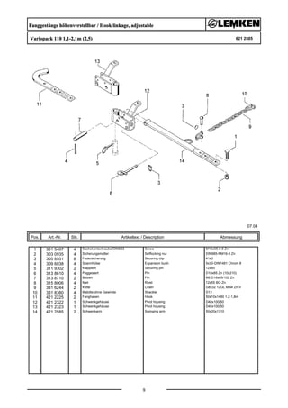 Fanggestänge höhenverstellbar / Hook linkage, adjustable
Variopack 110 1,1-2,1m (2,5) 621 2585
07.04
Pos. Art.-Nr. Stk. Artikeltext / Description
9
Abmessung
1 301 5407 4 Sechskantschraube DIN933 Screw M16x55-8.8 Zn
2 303 0935 4 Sicherungsmutter Selflocking nut DIN985-NM16-8 Zn
3 305 8551 8 Federsicherung Securing clip 41x3
4 309 6038 4 Spannhülse Expansion bush 5x30-DIN1481 Chrom 8
5 311 9302 2 Klappstift Securing pin 12x60
6 313 8610 4 Poggestert Pin D10x85 Zn (10x210)
7 313 8710 2 Bolzen Pin BB D16x85/102 Zn
8 315 8006 4 Niet Rivet 12x55 BO Zn
9 331 6244 2 Kette Chain G8x32 12GL MN4 Zn-V
10 331 8380 4 Malotte ohne Gewinde Shackle D13
11 421 2225 2 Fanghaken Hook 50x10x1480 1,2-1,8m
12 421 2322 1 Schwenkgehäuse Pivot housing D40x100/50
13 421 2323 1 Schwenkgehäuse Pivot housing D40x100/50
14 421 2585 2 Schwenkarm Swinging arm 50x20x1310
 