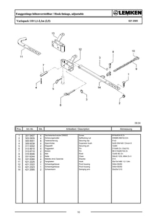 Fanggestänge höhenverstellbar / Hook linkage, adjustable
Variopack 110 1,1-2,1m (2,5) 621 2585
09.04
Pos. Art.-Nr. Stk. Artikeltext / Description
10
Abmessung
1 301 5407 4 Sechskantschraube DIN933 Screw M16x55-8.8 Zn
2 303 0935 4 Sicherungsmutter Selflocking nut DIN985-NM16-8 Zn
3 305 8551 8 Federsicherung Securing clip 41x3
4 309 6038 4 Spannhülse Expansion bush 5x30-DIN1481 Chrom 8
5 311 9302 2 Klappstift Securing pin 12x60
6 313 8610 4 Poggestert Pin D10x85 Zn (10x210)
7 313 8710 2 Bolzen Pin BB D16x85/102 Zn
8 315 8006 4 Niet Rivet 12x55 BO Zn
9 331 6244 2 Kette Chain G8x32 12GL MN4 Zn-V
10 331 8380 4 Malotte ohne Gewinde Shackle D13
11 421 2225 2 Fanghaken Hook 50x10x1480 1,2-1,8m
12 421 2322 1 Schwenkgehäuse Pivot housing D40x100/50
13 421 2323 1 Schwenkgehäuse Pivot housing D40x100/50
14 421 2585 2 Schwenkarm Swinging arm 50x20x1310
 