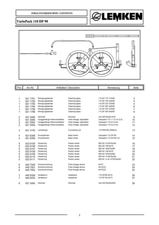 INHALTSVERZEICHNIS / CONTENTS
2
VarioPack 110 DP 90
Pos Art.-Nr. Artikeltext / Description Abmessung Seite
1 621 1791 Reinigungsbänder Cleaning tapes 110 DP 137-175/90 3
1 621 1792 Reinigungsbänder Cleaning tapes 110 DP 187-225/90 4
1 621 1793 Reinigungsbänder Cleaning tapes 110 DP 237-275/90 5
1 621 1794 Reinigungsbänder Cleaning tapes 110 DP 287-325/90 6
1 621 1795 Reinigungsbänder Cleaning tapes 110 DP 337-375/90 7
1 621 1796 Reinigungsbänder Cleaning tapes 110 DP 387-400/90 8
2 621 2490 Deichsel Deichsel Vari-AB 50x20x1810 9
2 621 2585 Fanggestänge höhenverstellbar Hook linkage, adjustable Variopack 110 1,1-2,1m (2,5) 10
2 621 2592 Fanggestänge höhenverstellbar Hook linkage, adjustable Variopack 110 2,0-3,0m 11
2 621 2593 Fanggestänge höhenverstellbar Hook linkage, adjustable Variopack 110 2,0-4,4m 12
3 621 3140 Lenkstange Connecting rod 110 WDP/90 2090mm 13
4 621 6306 Grundrahmen Basic frame Variopack 110 DP-90 14
4 621 6309 Grundrahmen Basic frame Variopack 110 DP-90 2.G 15
5 623 9105 Packerring Packer wheel 900-30°-A1/M16x240 16
5 623 9106 Packerring Packer wheel 900-30°-I/M16x75 17
5 623 9107 Packerring Packer wheel 900-30°-A/M16x260 18
5 623 9108 Packerring Packer wheel 900-45°-I/M16x75 19
5 623 9109 Packerring Packer wheel 900-45°-A/M16x260 20
5 623 9110 Packerring Packer wheel 900-45°-A1/M16x240 21
5 623 9111 Packerring Packer wheel 900-45° m.W.-A1/M16x240 22
6 640 7500 Schubvorrichtung Push-linkage device KAT2 23
6 640 7501 Schubvorrichtung Push-linkage device KAT2/Z3 24
6 640 7502 Schubvorrichtung Push-linkage device KAT2/Z2 25
7 640 8328 Geräteturm Headstock 110 DP/90 KAT2 26
7 640 8333 Geräteturm Headstock 110 DP 90 KAT3 27
8 621 2492 Deichsel Deichsel Vari-AB 60x20x2000 28
 
