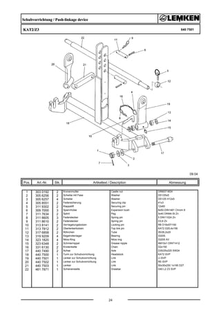 Schubvorrichtung / Push-linkage device
KAT2/Z3 640 7501
09.04
Pos. Art.-Nr. Stk. Artikeltext / Description
24
Abmessung
1 303 0192 2 Kronenmutter Castle nut DIN937-M24
2 305 6256 2 Scheibe mit Fase Washer D51/25x5
3 305 6257 4 Scheibe Washer D51/25 H12x5
4 305 8551 2 Federsicherung Securing clip 41x3
5 311 9302 2 Klappstift Securing pin 12x60
6 309 7000 3 Spannhülse Expansion bush 8x50-DIN1481 Chrom 8
7 311 7634 2 Splint Peg 5x40 DIN94-St Zn
8 311 8605 3 Federstecker Spring pin 5 DIN11024 Zn
9 311 8610 2 Federstecker Spring pin D3,6 Zn
10 313 8141 2 Verriegelungsbolzen Locking pin RB D16x57/150
11 313 7812 2 Oberlenkerbolzen Top link pin KAT2 D25,4x156
12 317 6858 2 Röhrchen Tube 35/28,2x20
13 319 9209 4 Kegelrollenlager Bearing 33205.
14 323 1820 4 Nilos-Ring Nilos ring 33205 AV
15 323 6348 2 Schmiernippel Grease nipple AM10x1 DIN71412
16 331 6130 2 Knotenkette Chain D2x150
17 440 7490 2 Achse Axle D35/25x220 SW24
18 440 7500 1 Turm zur Schubvorrichtung Headstock KAT2 SVP
19 440 7501 1 Lenker zur Schubvorrichtung Link LI-SVP
20 440 7502 1 Lenker zur Schubvorrichtung Link RE-SVP
21 440 7503 1 Lenker Link 50x30x250 1x195 D27
22 461 7871 1 Schienenwelle Drawbar D40 L2 Z3 SVP
 