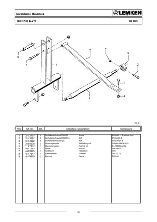 Geräteturm / Headstock
110 DP/90 KAT2 640 8328
09.04
Pos. Art.-Nr. Stk. Artikeltext / Description
26
Abmessung
1 301 3774 4 Sechskantschraube DIN933 Screw M16x50-12.9 A=max.3mm
2 301 3867 2 Sechskantschraube DIN931-A Bolt M16x65-8.8
3 301 3992 1 Sechskantschraube spz. Bolt M16x100-8.8
4 303 0935 7 Sicherungsmutter Selflocking nut DIN985-NM16-8 Zn
5 313 7812 1 Oberlenkerbolzen Top link pin KAT2 D25,4x156
6 440 1193 1 Strebe Support 50x12x970
7 440 8325 1 Geräteturm Headstock D55
8 461 7917 1 Schienenwelle Drawbar D55 L2 Z2
9 461 9870 2 Klemme Clamp D55x40
 