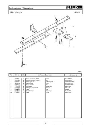 Reinigungsbänder / Cleaning tapes
110 DP 137-175/90 621 1791
09.04
Pos. Art.-Nr. Stk. Artikeltext / Description
3
Abmessung
1 301 7334 4 Sechskantschraube DIN933 Screw M12x35-8.8 Zn
2 301 5449 4 Sechskantschraube DIN931-A Bolt M12x45-8.8 Zn
3 303 0934 8 Sicherungsmutter Selflocking nut DIN985-NM12-8 Zn
4 301 7780 8 Bügelschraube U-bolt M10/30x35 (120)
5 303 1012 16 Sechskantmutter Nut M10 DIN934-8 Zn
6 331 5010 4 Gummiband Rubber tape 30x10x1950
7 331 6226 8 Kettenglied ungeschweißt Chain link 8x35 B=35
8 459 4565 8 Platte Plate 60x6x90
9 331 5040 4 Gummiband kpl. Rubber tape 30x10x1850
10 421 1542 2 Träger Carrier 50x12x1040
 