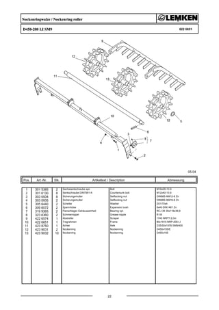 Nockenringwalze / Nockenring roller
D450-200 LI SM9 622 6651
05.04
Pos. Art.-Nr. Stk. Artikeltext / Description
22
Abmessung
1 301 5385 2 Sechskantschraube spz. Bolt M16x55-10.9
2 301 6130 8 Senkschraube DIN7991-A Countersunk bolt M12x40-10.9
3 303 0934 8 Sicherungsmutter Selflocking nut DIN985-NM12-8 Zn
4 303 0935 2 Sicherungsmutter Selflocking nut DIN985-NM16-8 Zn
5 305 6440 2 Scheibe Washer D51/70x4
6 309 6072 2 Spannhülse Expansion bush 8x40-DIN1481 Zn
7 319 9365 2 Flanschlager-Gehäuseeinheit Bearing cpl. RCJ 35 35x118x39,9
8 323 6360 2 Schmiernippel Grease nipple R1/8
9 422 6574 1 Abstreifer Scraper 1740 NRPT 2,0m
10 422 6651 1 Tragrahmen Frame 80x1910-NRP-200-LI
11 423 8750 1 Achse Axle D35/50x1978 SM9/400
12 423 9031 2 Nockenring Nockenring D450x155/E
13 423 9032 10 Nockenring Nockenring D450x155
 