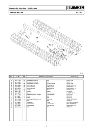 Doppelwalze Rohr-Rohr / Double roller
D400-200 RE SM9 622 6702
05.04
Pos. Art.-Nr. Stk. Artikeltext / Description
29
Abmessung
1 301 5360 10 Sechskantschraube spz. Bolt M16x70-12.9
2 301 4602 2 Sechskantschraube spz. Bolt M20x75-8.8
3 301 6130 16 Senkschraube DIN7991-A Countersunk bolt M12x40-10.9
4 303 0934 16 Sicherungsmutter Selflocking nut DIN985-NM12-8 Zn
5 303 0935 10 Sicherungsmutter Selflocking nut DIN985-NM16-8 Zn
6 303 0936 2 Sicherungsmutter Selflocking nut DIN985-NM20-8 Zn
7 305 6155 10 Scheibe Washer D30/17x6 St-37
8 305 6164 2 Scheibe Washer D35/20,5x5
9 309 6072 4 Spannhülse Expansion bush 8x40-DIN1481 Zn
10 317 3352 2 Einspannbuchse mit Preßsitz Expansion bush EG28/32x20
11 317 6657 2 Buchse Bush D20/28x22
12 317 6658 2 Buchse Bush D16/22x22
13 319 9365 4 Flanschlager-Gehäuseeinheit Bearing cpl. RCJ 35 35x118x39,9
14 417 8113 4 Platte Plate 12x490x510
15 422 6684 1 Tragrahmen Frame 80x1910 2xD400-200-K
16 423 0955 1 Rohrstabwalze Tube bar roller D400x1954 RE 2.00
17 423 0965 1 Rohrstabwalze Tube bar roller D400x1954 LI 2.00
18 417 8114 4 Platte Plate 12x540x510
 
