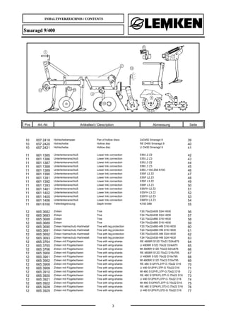 INHALTSVERZEICHNIS / CONTENTS
3
Smaragd 9/400
Pos Art.-Nr. Artikeltext / Description Abmessung Seite
10 657 2418 Hohlscheibenpaar Pair of hollow discs 2xD450 Smaragd 9 39
10 657 2420 Hohlscheibe Hollow disc RE D450 Smaragd 9 40
10 657 2421 Hohlscheibe Hollow disc LI D450 Smaragd 9 41
11 661 1385 Unterlenkeranschluß Lower link connection E55 L2 Z2 42
11 661 1386 Unterlenkeranschluß Lower link connection E55 L2 Z3 43
11 661 1387 Unterlenkeranschluß Lower link connection E55 L3 Z2 44
11 661 1388 Unterlenkeranschluß Lower link connection E68 L3 Z3 45
11 661 1389 Unterlenkeranschluß Lower link connection E68 L1100 Z58 K700 46
11 661 1390 Unterlenkeranschluß Lower link connection E55F L2 Z2 47
11 661 1391 Unterlenkeranschluß Lower link connection E55F L2 Z3 48
11 661 1392 Unterlenkeranschluß Lower link connection E55F L3 Z2 49
11 661 1393 Unterlenkeranschluß Lower link connection E68F L3 Z3 50
11 661 1401 Unterlenkeranschluß Lower link connection E55FH L2 Z2 51
11 661 1402 Unterlenkeranschluß Lower link connection E55FH L3 Z2 52
11 661 1405 Unterlenkeranschluß Lower link connection E55FH L2 Z3 53
11 661 1406 Unterlenkeranschluß Lower link connection E68FH L3 Z3 54
11 661 6160 Tiefenbegrenzung Depth limiter K700 D68 55
12 665 3682 Zinken Tine F20 70x22x935 D24 H830 56
12 665 3683 Zinken Tine F24 70x22x935 D24 H830 57
12 665 3688 Zinken Tine F20 70x22x880 D16 H830 58
12 665 3689 Zinken Tine F24 70x22x880 D16 H830 59
12 665 3690 Zinken Halmschutz-Hartmetall Tine with leg protection F20 70x22x880-HM D16 H830 60
12 665 3691 Zinken Halmschutz-Hartmetall Tine with leg protection F24 70x22x880-HM D16 H830 61
12 665 3692 Zinken Halmschutz-Hartmetall Tine with leg protection F20 70x22x935-HM D24 H830 62
12 665 3693 Zinken Halmschutz-Hartmetall Tine with leg protection F24 70x22x935-HM D24 H830 63
12 665 3764 Zinken mit Flügelscharen Tine with wing-shares RE 480BR S12D 70x22 D24x875 64
12 665 3765 Zinken mit Flügelscharen Tine with wing-shares LI 480BR S12D 70x22 D24x875 65
12 665 3766 Zinken mit Flügelscharen Tine with wing-shares MI 480BR S12D 70x22 D24x875 66
12 665 3900 Zinken mit Flügelscharen Tine with wing-shares RE 480BR S12D 70x22 D16x795 67
12 665 3901 Zinken mit Flügelscharen Tine with wing-shares LI 480BR S12D 70x22 D16x795 68
12 665 3902 Zinken mit Flügelscharen Tine with wing-shares MI 480BR S12D 70x22 D16x795 69
12 665 3908 Zinken mit Flügelscharen Tine with wing-shares RE 480 S12P/FL37P-G 70x22 D16 70
12 665 3909 Zinken mit Flügelscharen Tine with wing-shares LI 480 S12P/FL37P-G 70x22 D16 71
12 665 3910 Zinken mit Flügelscharen Tine with wing-shares MI 480 S12P/FL37P-G 70x22 D16 72
12 665 3920 Zinken mit Flügelscharen Tine with wing-shares RE 480 S12PK/FL37P-G 70x22 D16 73
12 665 3921 Zinken mit Flügelscharen Tine with wing-shares LI 480 S12PK/FL37P-G 70x22 D16 74
12 665 3922 Zinken mit Flügelscharen Tine with wing-shares MI 480 S12PK/FL37P-G 70x22 D16 75
12 665 3928 Zinken mit Flügelscharen Tine with wing-shares RE 480 S12PK/FL37D-G 70x22 D16 76
12 665 3929 Zinken mit Flügelscharen Tine with wing-shares LI 480 S12PK/FL37D-G 70x22 D16 77
 