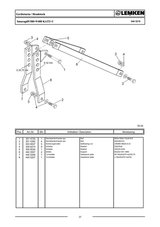Geräteturm / Headstock
Smaragd9/300+9/400 KAT2+3 640 5216
05.04
Pos. Art.-Nr. Stk. Artikeltext / Description
37
Abmessung
1 301 4720 1 Sechskantschraube spz. Bolt M24x150ls115x30-8.8
2 301 5392 4 Sechskantschraube spz. Bolt M24x85-8.8
3 303 0937 5 Sicherungsmutter Selflocking nut DIN985-NM24-8 Zn
4 305 6274 9 Scheibe Washer D50/25x8
5 305 6530 1 Scheibe Washer D55/24,5x30
6 440 3507 2 Strebe Support 60x20x1051 SM9
7 440 5206 1 Turmplatte Headstock plate RE 80x20x570 4xD25,75
8 440 5207 1 Turmplatte Headstock plate LI 80x20x570 4xD32
 