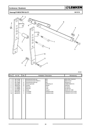 Geräteturm / Headstock
Smaragd 9/400 K700+KAT3 640 5218
05.04
Pos. Art.-Nr. Stk. Artikeltext / Description
38
Abmessung
1 301 4720 1 Sechskantschraube spz. Bolt M24x150ls115x30-8.8
2 301 4776 1 Sechskantschraube DIN931-A Bolt M24x170-8.8
3 301 5392 4 Sechskantschraube spz. Bolt M24x85-8.8
4 303 0937 6 Sicherungsmutter Selflocking nut DIN985-NM24-8 Zn
5 305 6274 9 Scheibe Washer D50/25x8
6 317 6652 1 Röhrchen Tube 42,4x8x40
7 317 6653 1 Röhrchen Tube 42,4x8x100
8 440 3507 2 Strebe Support 60x20x1051 SM9
9 440 5212 1 Turmplatte Headstock plate 100x20x810 KAT3 K700
10 440 5213 1 Turmplatte Headstock plate 100x20x810 KAT3 K700
 