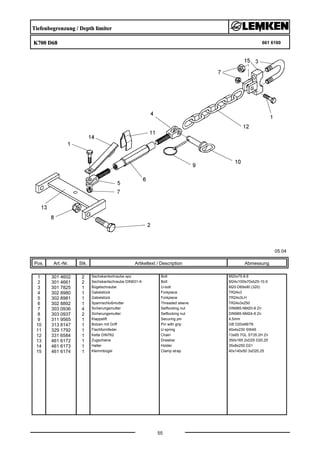 Tiefenbegrenzung / Depth limiter
K700 D68 661 6160
05.04
Pos. Art.-Nr. Stk. Artikeltext / Description
55
Abmessung
1 301 4602 2 Sechskantschraube spz. Bolt M20x75-8.8
2 301 4661 2 Sechskantschraube DIN931-A Bolt M24x100ls70xb25-10.9
3 301 7825 1 Bügelschraube U-bolt M20-D69x90 (320)
4 302 8980 1 Gabelstück Forkpiece TR24x3
5 302 8981 1 Gabelstück Forkpiece TR24x3LH
6 302 8892 1 Spannschloßmutter Threaded sleeve TR24x3x250
7 303 0936 4 Sicherungsmutter Selflocking nut DIN985-NM20-8 Zn
8 303 0937 2 Sicherungsmutter Selflocking nut DIN985-NM24-8 Zn
9 311 9565 1 Klappstift Securing pin 4,5mm
10 313 8147 1 Bolzen mit Griff Pin with grip GB D20x68/78
11 329 1792 1 Flachformfeder U-spring 40x4x230 SW46
12 331 6584 1 Kette DIN762 Chain 13x65 7GL ST35.2H Zn
13 461 6172 1 Zugschiene Drawbar 350x165 2xD25 D20,25
14 461 6173 1 Halter Holder 35x8x250 D21
15 461 6174 1 Klemmbügel Clamp strap 40x140x50 3xD20,25
 
